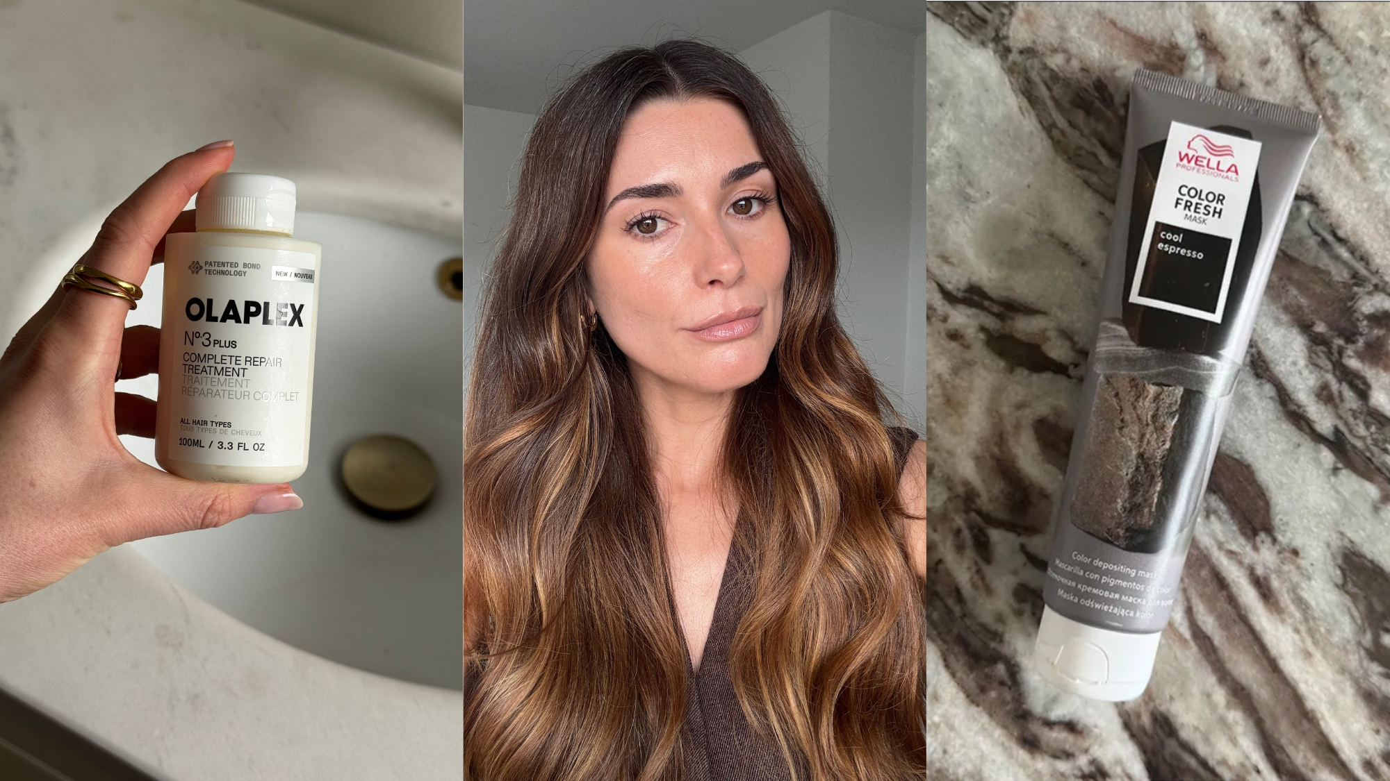 A collage with a photo of beauty editor Eleanor Vousden and products including Olaplex no3 and Wella Color Fresh mask in cool espresso