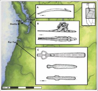 This map shows the various places in which ancient atlatls were found A) Hoko River B) Skagit River C) Par-Tee