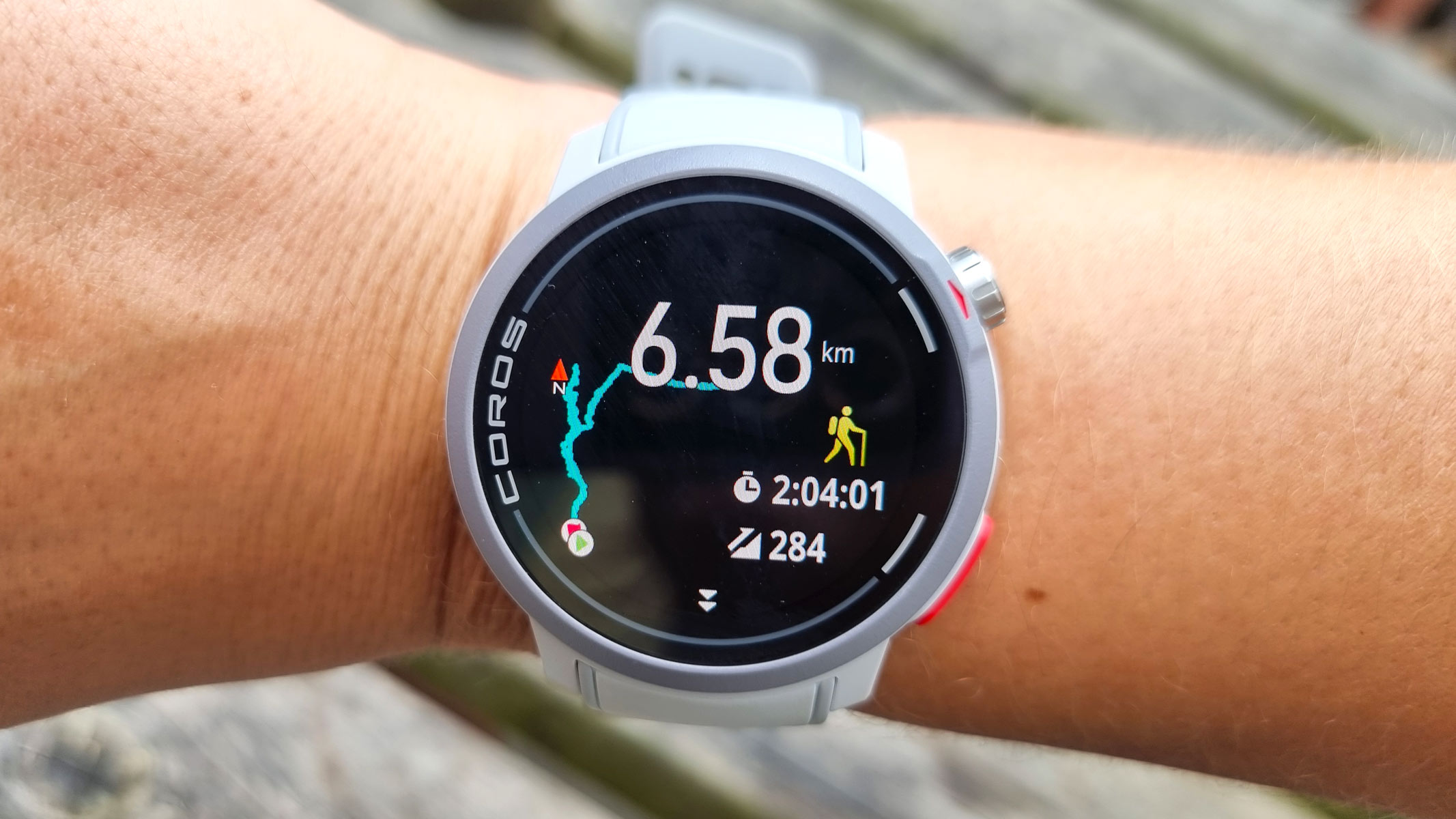 A close-up picture of the Coros Pace Pro watch displaying the hiking route done by our reviewer
