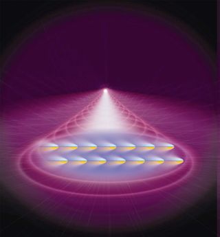 artist's conception shows atoms in a Bose-Einstein Condensate being pushed by laser light