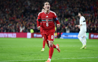 Harry Wilson of Wales celebrates scoring his team's first goal during the FIFA World Cup 2026 qualifier match between Wales and North Macedonia at Cardiff City Stadium on November 18, 2025 in Cardiff, Wales. 