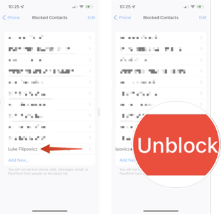 Unblocking a contact from iPhone: Swipe left on the contact you want to unblock and then tap Unblock.