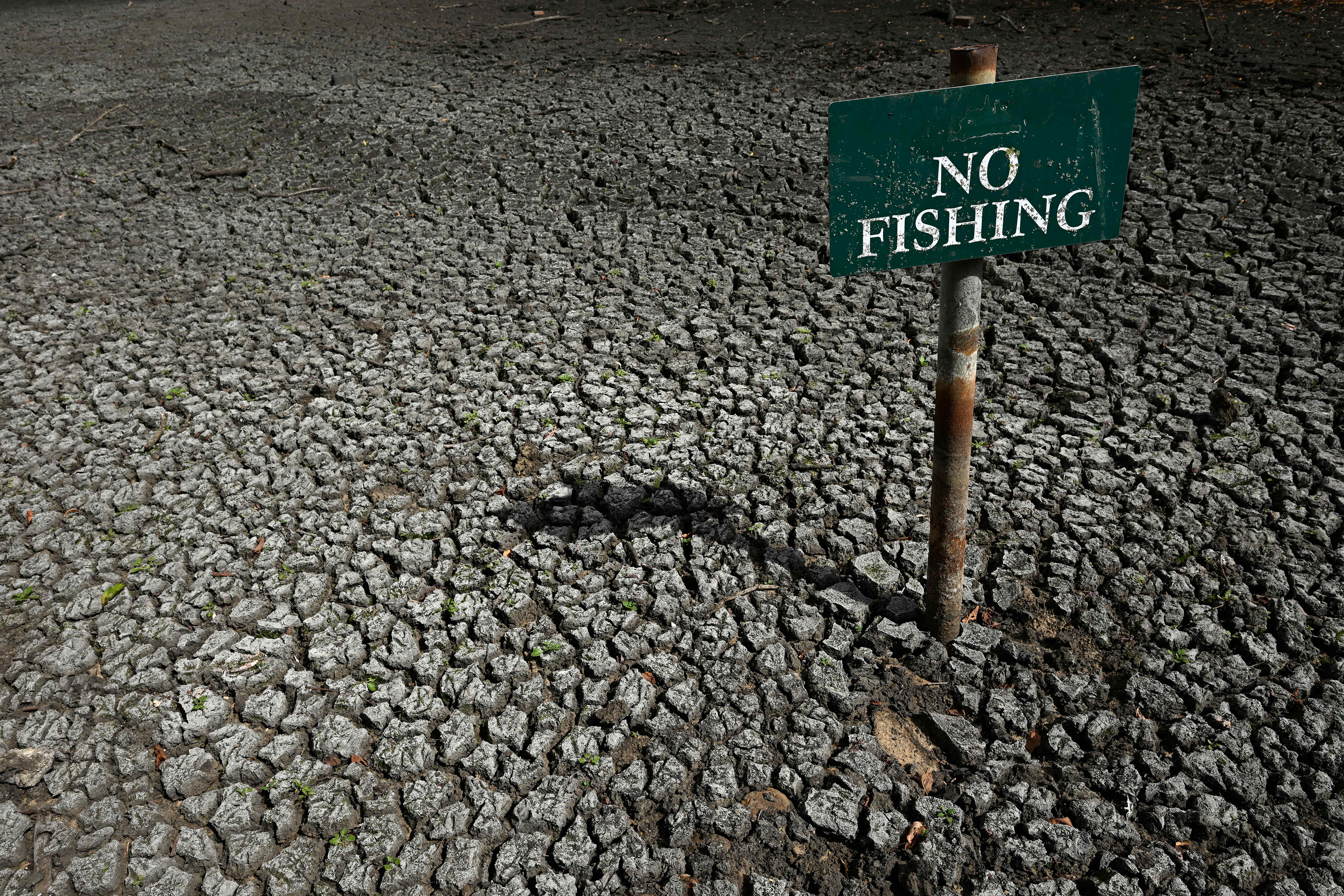 TOPSHOT - A 'No Fishing' sign is pictured in the dried up Falmer Pond in Falmer, East Sussex, south of London on August 5, 2026. England and Wales both experienced the &amp;quot;driest July on record&amp;quot;, the UK Met Office weather agency said on August 3, based on provisional figures. (Photo by GLYN KIRK / AFP via Getty Images)