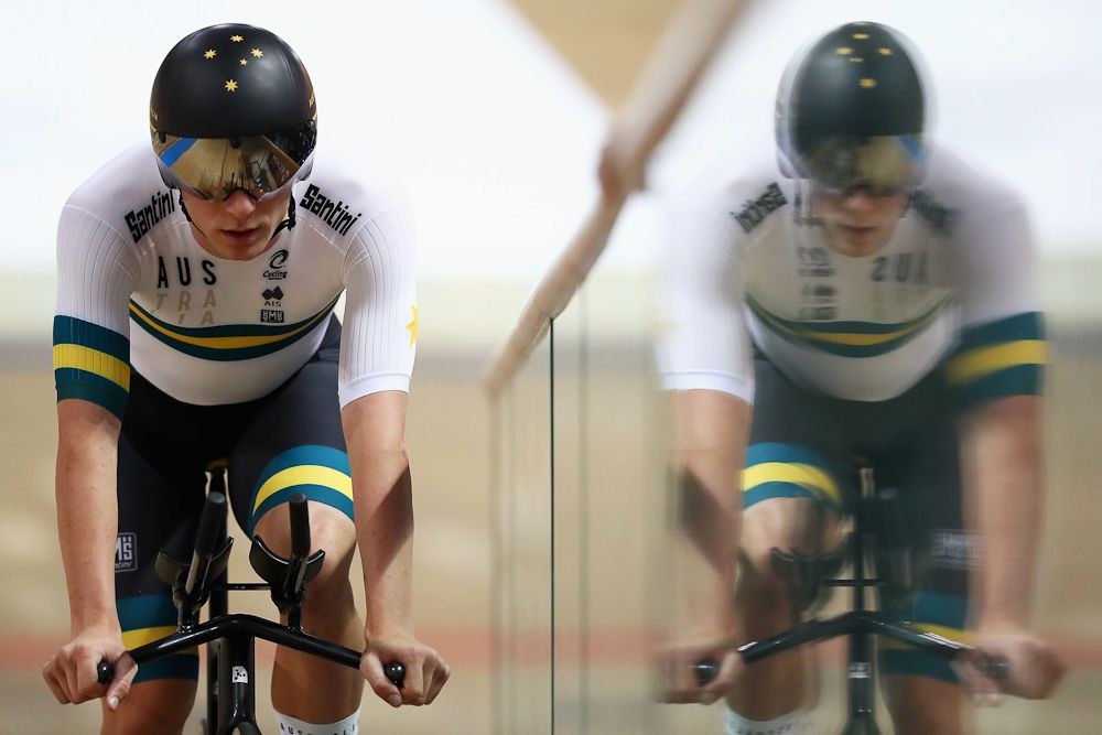 Cameron Scott of Australia looks on after he competes in the men's pursuit qualifying on day one of the UCI Track Cycling World Championships