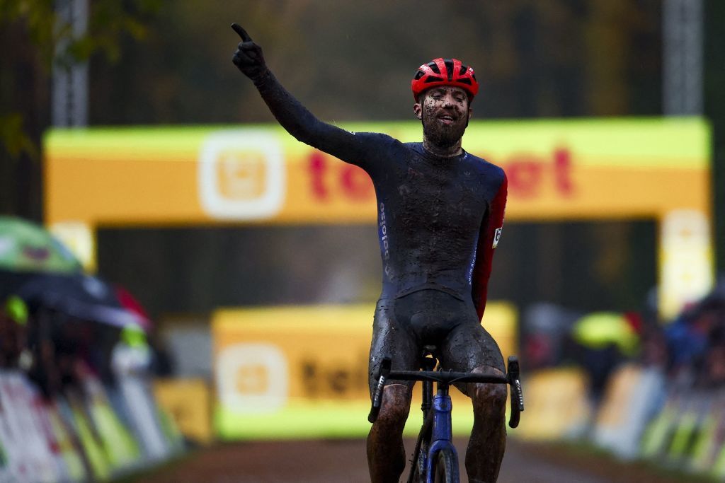 Dutch Joris Nieuwenhuis celebrates as he crosses the finish line to win the mens race of the Aardbeiencross cyclocross event fourth stage 48 of the Superprestige cyclocross cycling competition Saturday 18 November 2023 in Merksplas BELGA PHOTO DAVID PINTENS Photo by DAVID PINTENS BELGA MAG Belga via AFP Photo by DAVID PINTENSBELGA MAGAFP via Getty Images