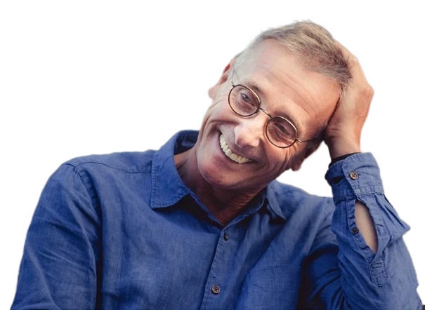 The garden designer James Alexander Sinclair in a blue shirt.