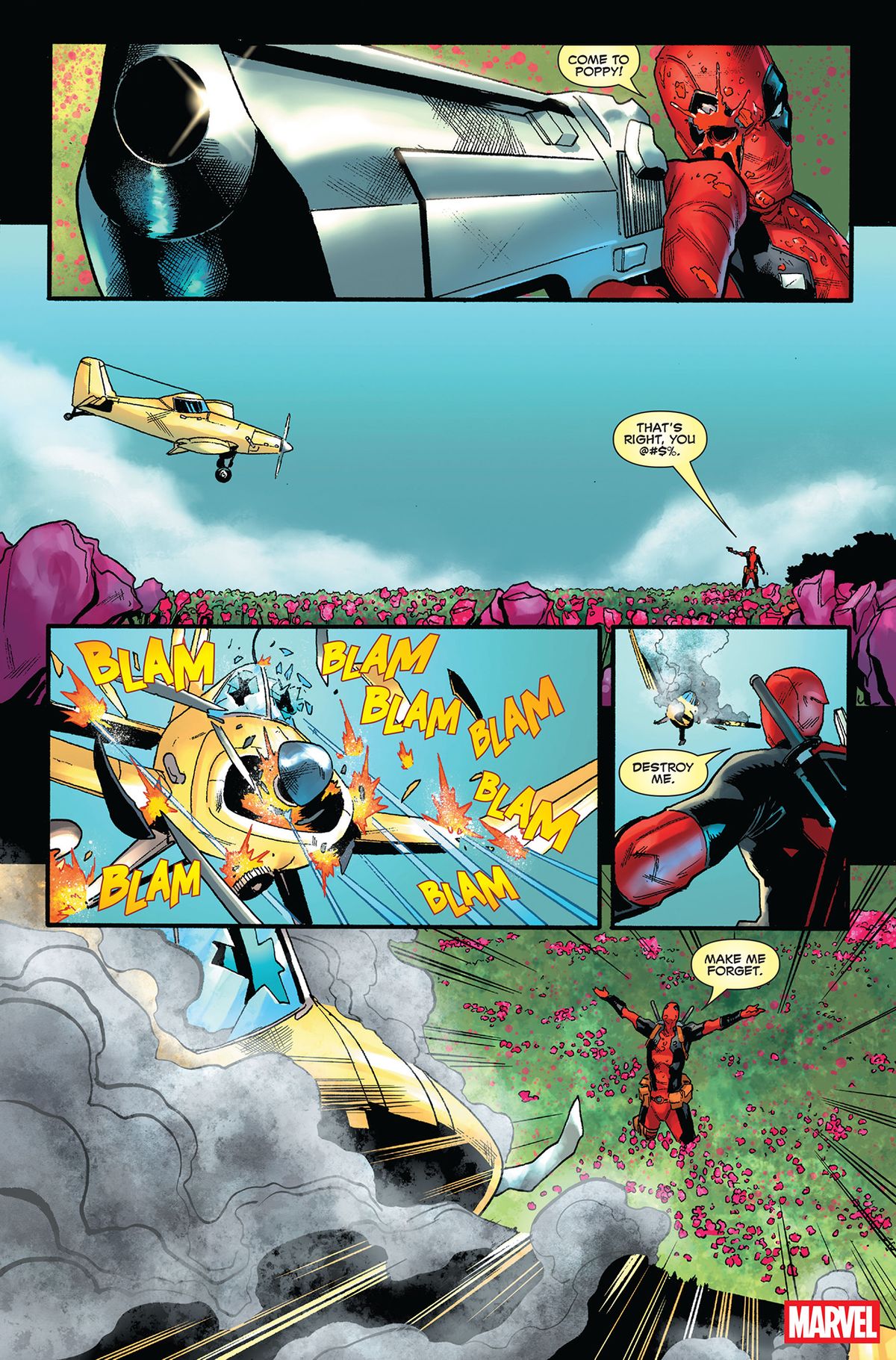 Deadpool shooting down a small plane that is hurtling toward him as it crashes