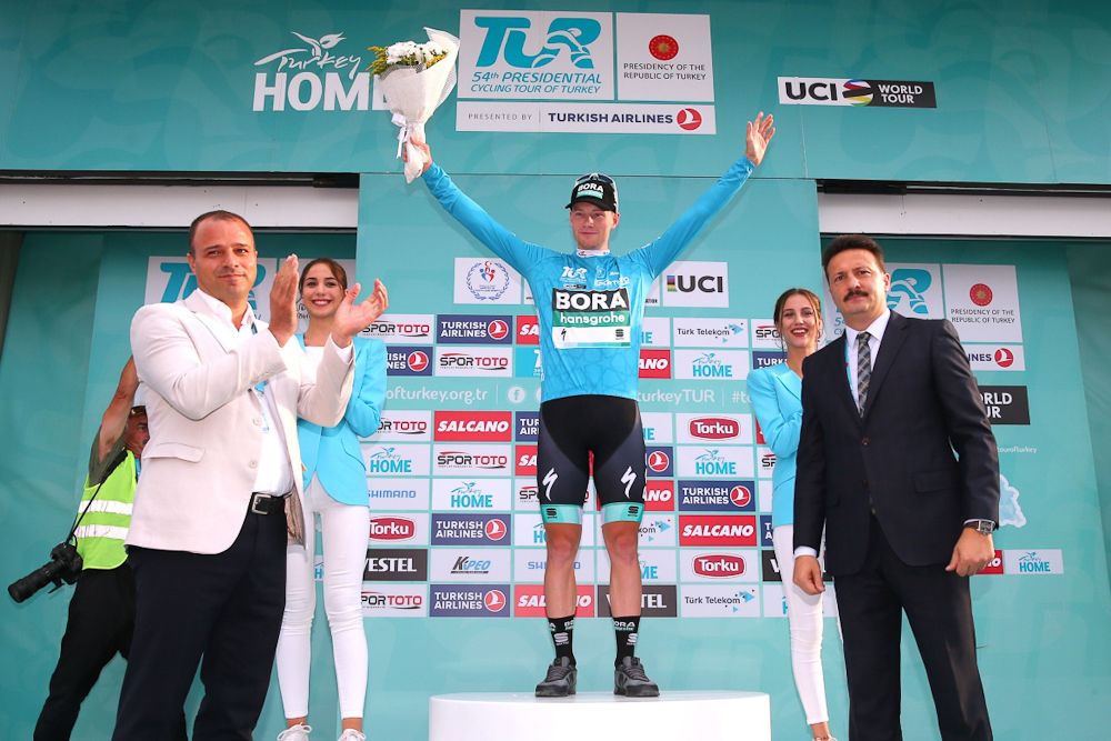 Sam Bennett in the leader's jersey after stage 3 in Turkey