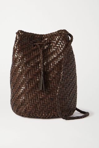 Pom Pom Double Jump Woven Leather Bucket Bag