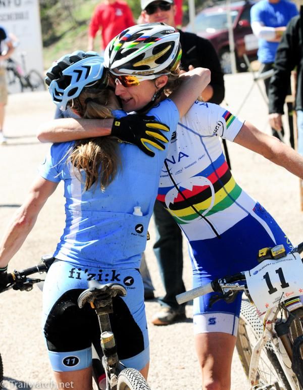 Catharine Pendrel congratulates Judy Freeman's second place