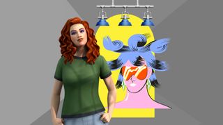 Sims character with her hands in her pockets in front of what looks like a window with a blue bird in front of it.