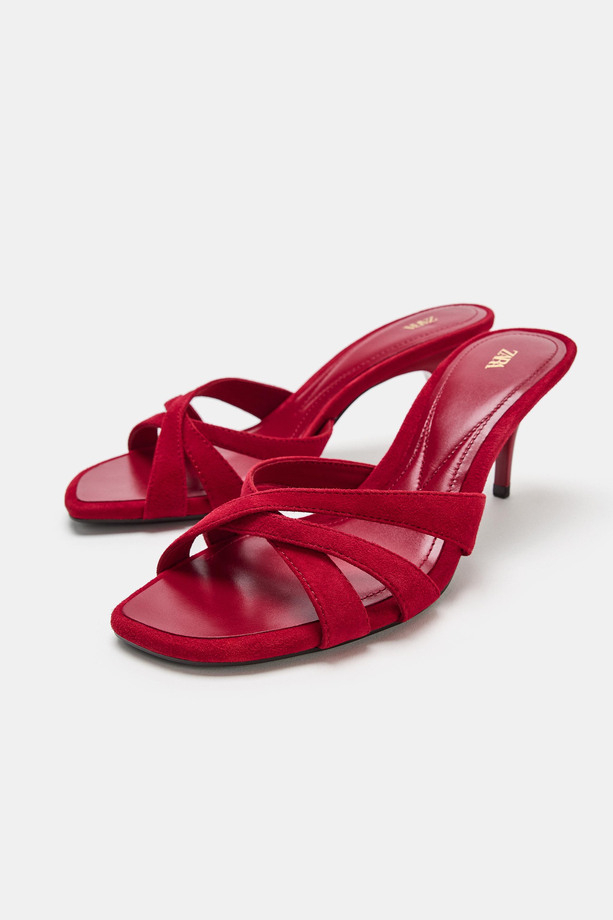 Leather Heeled Sandals - Red - 2