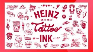 A shot of various tattoo stencils styled after the Heinz logo in the colour red