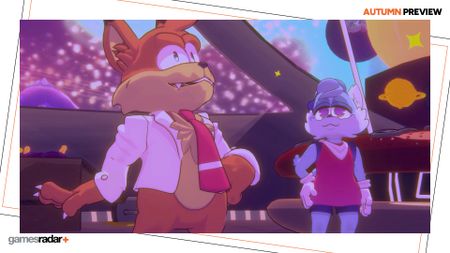 Bubsy wears his new white shirt and red tie outfit in Bubsy 4D within a spaceship, with the GamesRadar+ Autumn Preview frame
