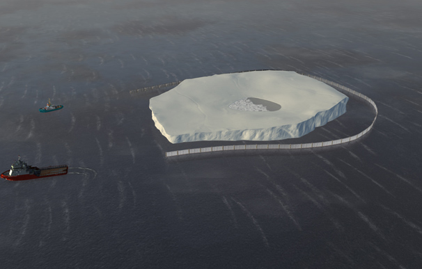 A depiction of how tugboats might wrap an insulating skirt around an iceberg to prevent it from melting while being towed.