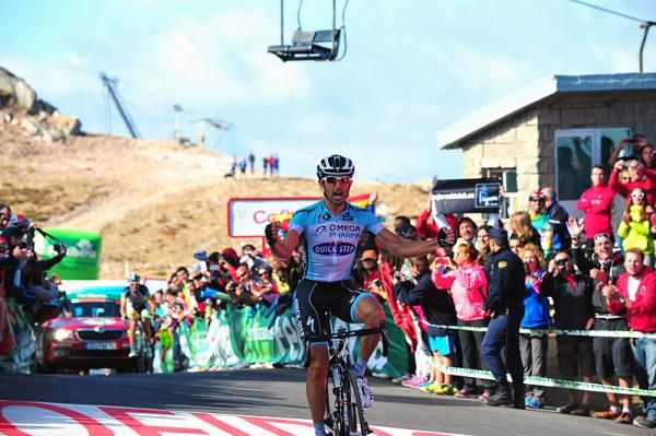 Dairo Catado (Omega Pharma-QuickStep) outclimbed breakaway companion Thomas De Gendt to win stage 16 of the Vuelta atop the ridiculousy steep Cuitu Negru.