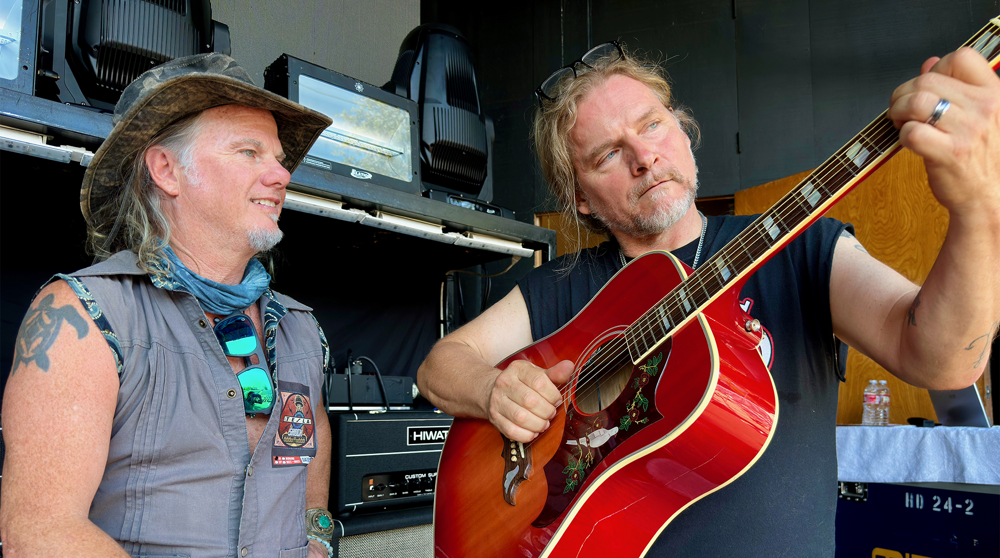 Tesla guitarist Frank Hannon shows his Gibson Love Dove to Guitar Player contributing writer Jimmy Leslie