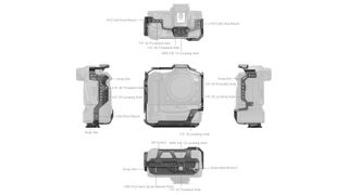 SmallRig Cage for Canon EOS R5 Mark II with Cooling Fan CF-R20EP on white background with annotations