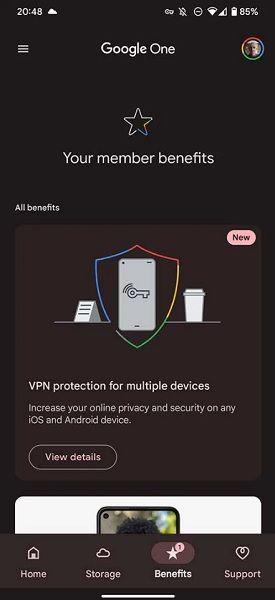 Google One's VPN benefits screen for Pixel 7 and 7 Pro owners.