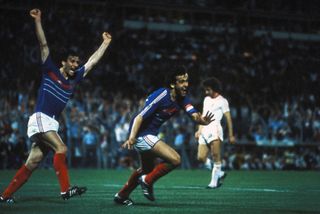 Michel Platini (centre) celebrates a goal for France against Portugal at Euro 1984.