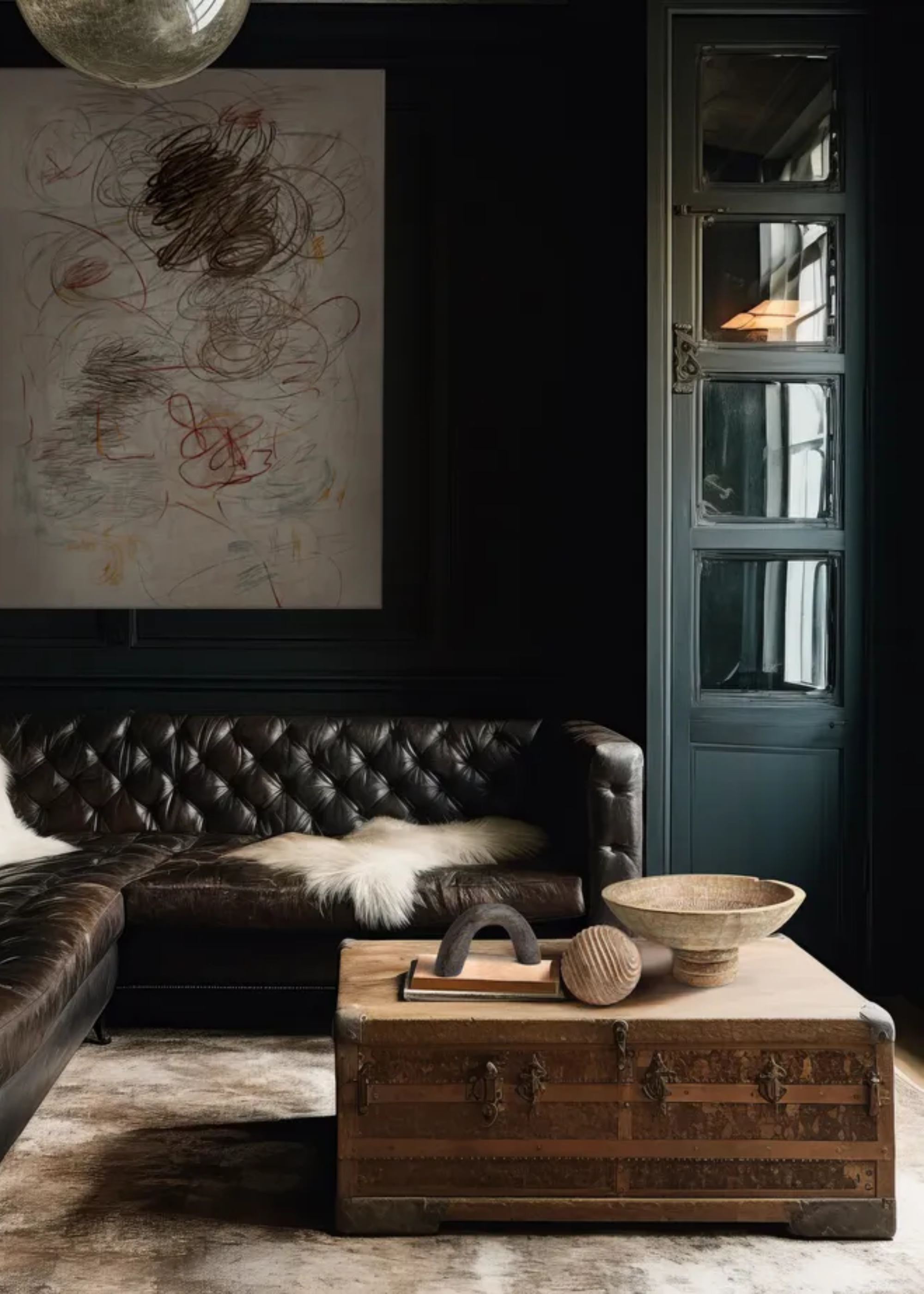 A living room with a vintage trunk and a leather couch