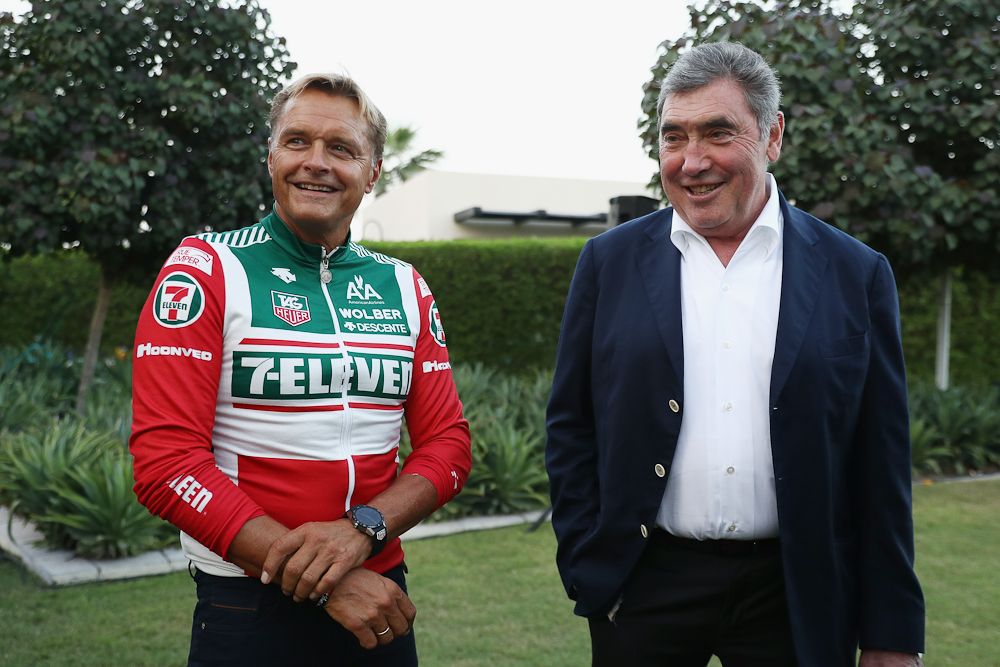 Former professionals Dag Otto Lauritzen (l) and Eddy Merckx attend a press conference to announce Tag Heuer as a new sponsor of the BMC Cycling team