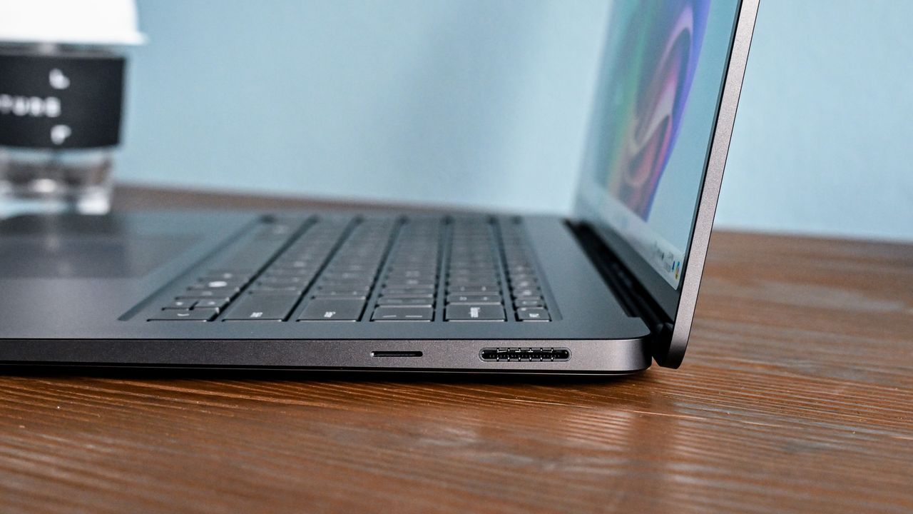 Microsoft Surface Laptop 7 15 close up of magnetic charging port on right hand side.