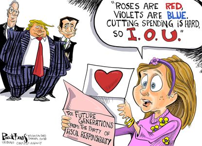Political cartoon U.S. Trump GOP spending bill deficit Valentine's Day