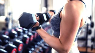 a photo of a woman's arms holding a pair of dumbbells in the gym