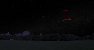 This sky map shows the location of Jupiter near the moon on Saturday, May 3, 2014, as seen in the western sky at 10 p.m. local time from mid-northern latitudes.