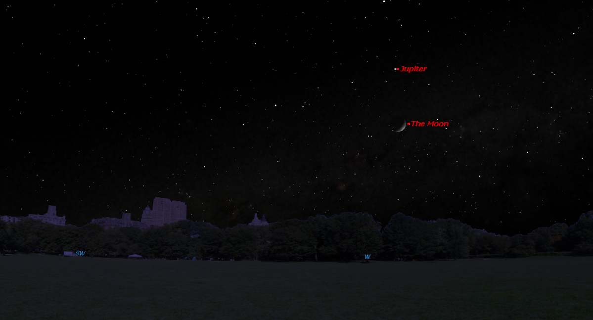 This sky map shows the location of Jupiter near the moon on Saturday, May 3, 2014, as seen in the western sky at 10 p.m. local time from mid-northern latitudes.