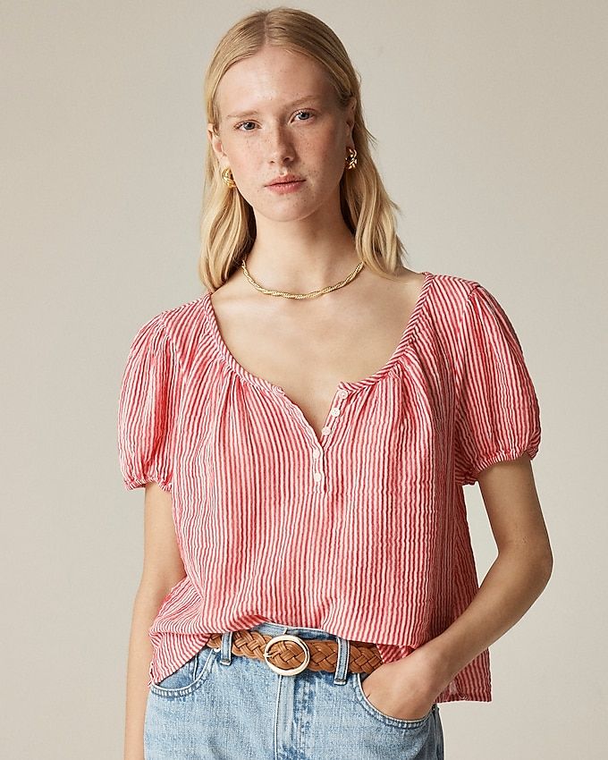 Puff-Sleeve Henley in Striped Gauze