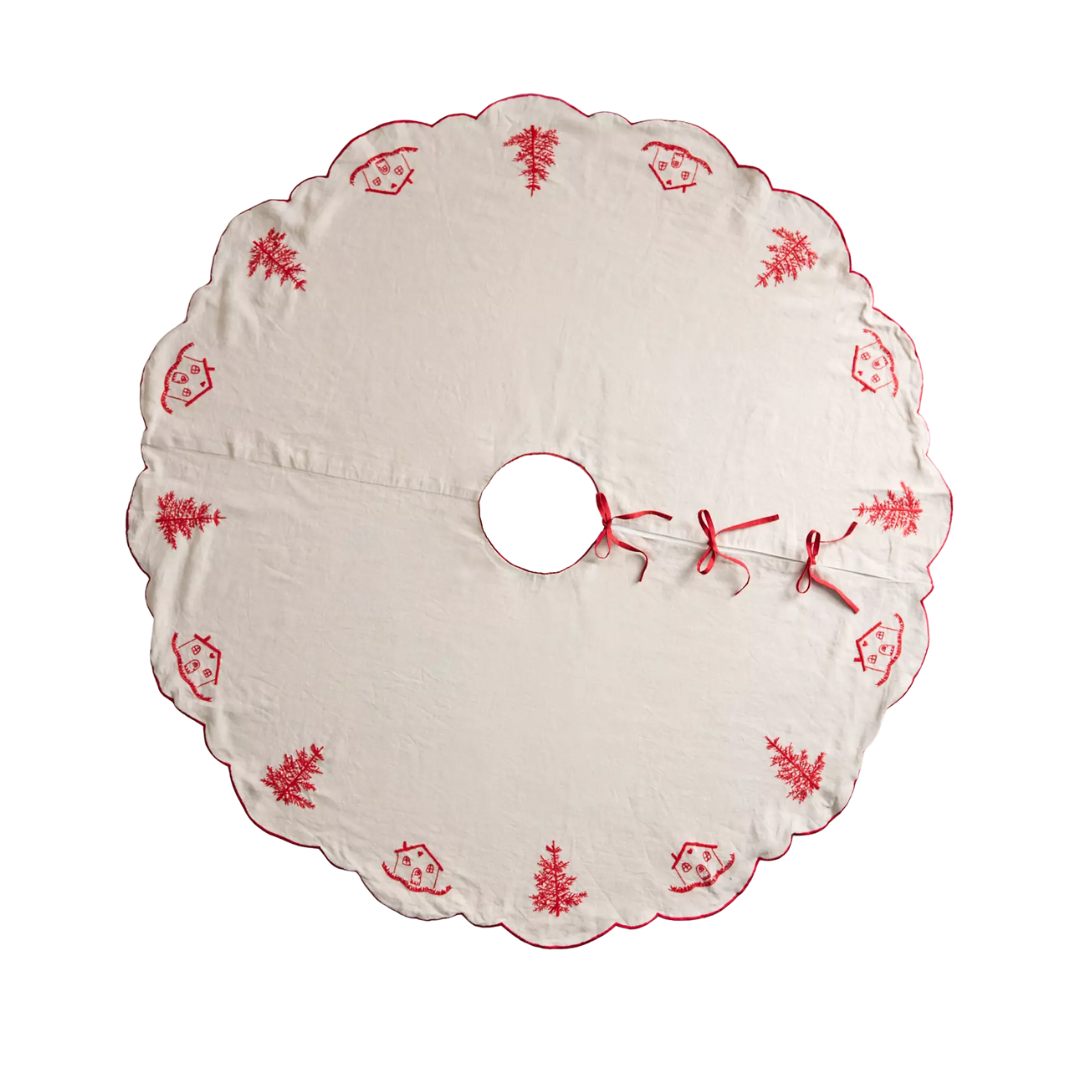 Holiday Houses Scalloped Linen Tree Skirt