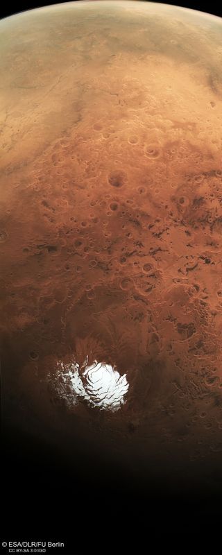 This sweeping view by ESA’s Mars Express extends from the planet’s south polar ice cap and across its cratered highlands to the Hellas Basin (top left) and beyond.