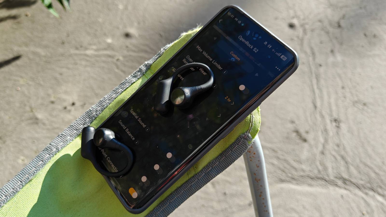 The OpenRock S2 on the edge of a camp chair.