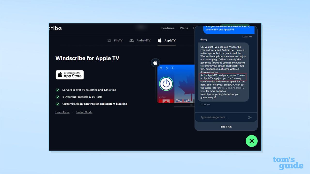 A screenshot of Windscribe Free's chatbot, Garry