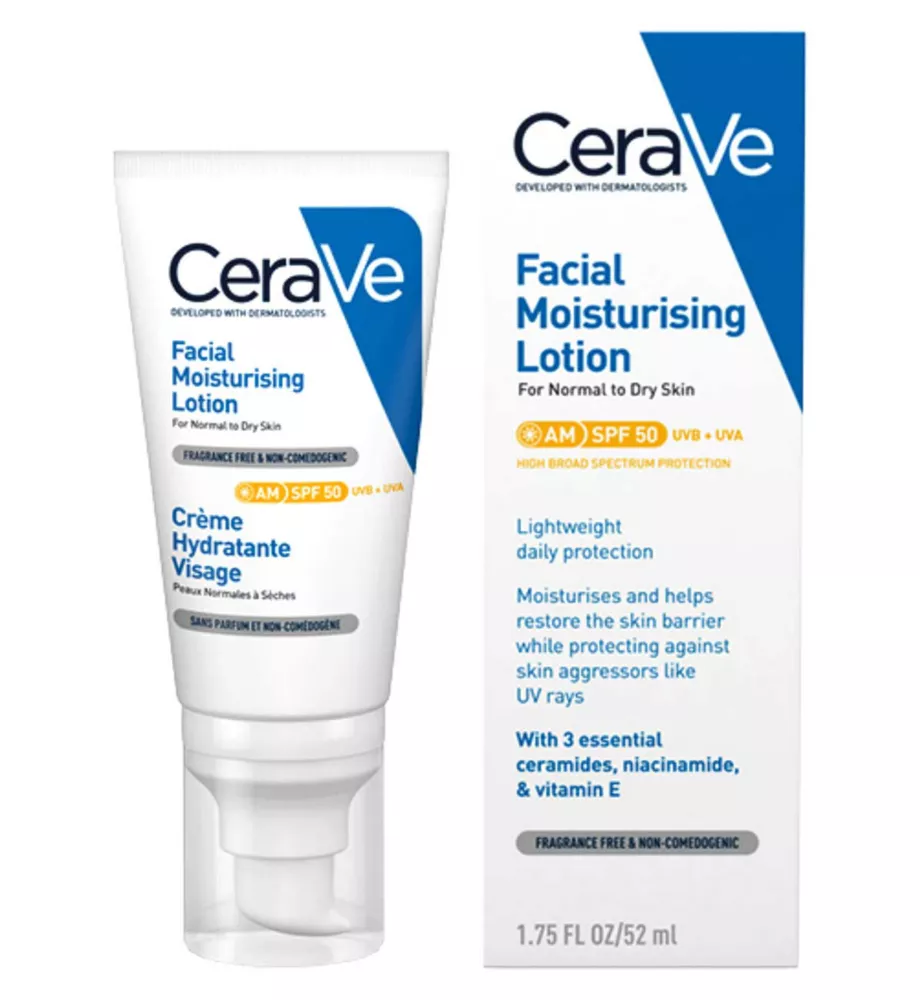 Cerave Am Facial Moisturising Lotion Spf50 With Uv Protection and 3 Essential Ceramides 
Vitamin E for Normal to Dry Skin 52ml