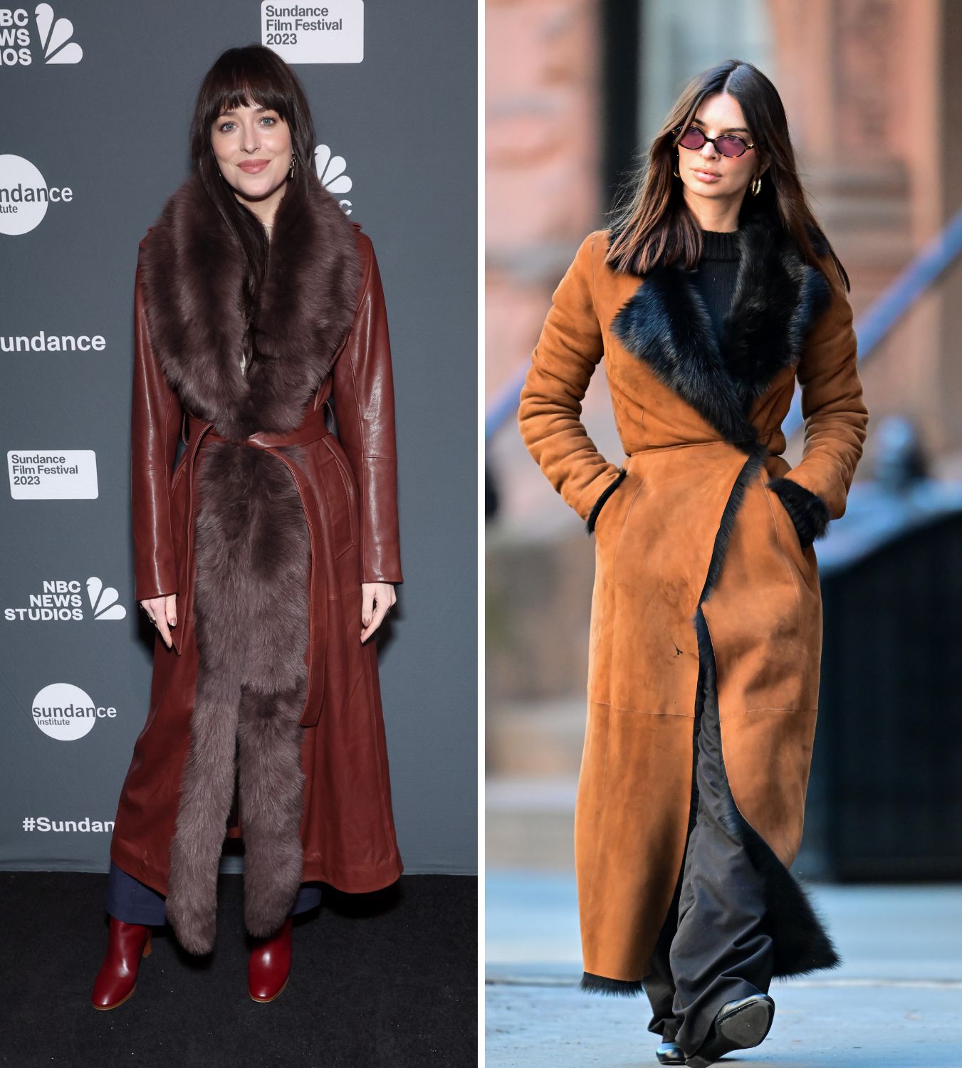 emily ratajkowski and dakota johnson wearing nour hammour shearling coats