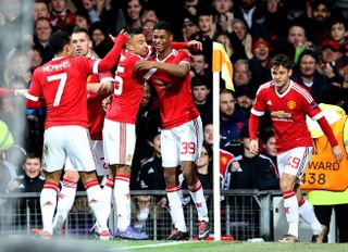 Marcus Rashford celebrates scoring his first Manchester United goal against FC Midtjylland in the Europa League on February 25, 2016