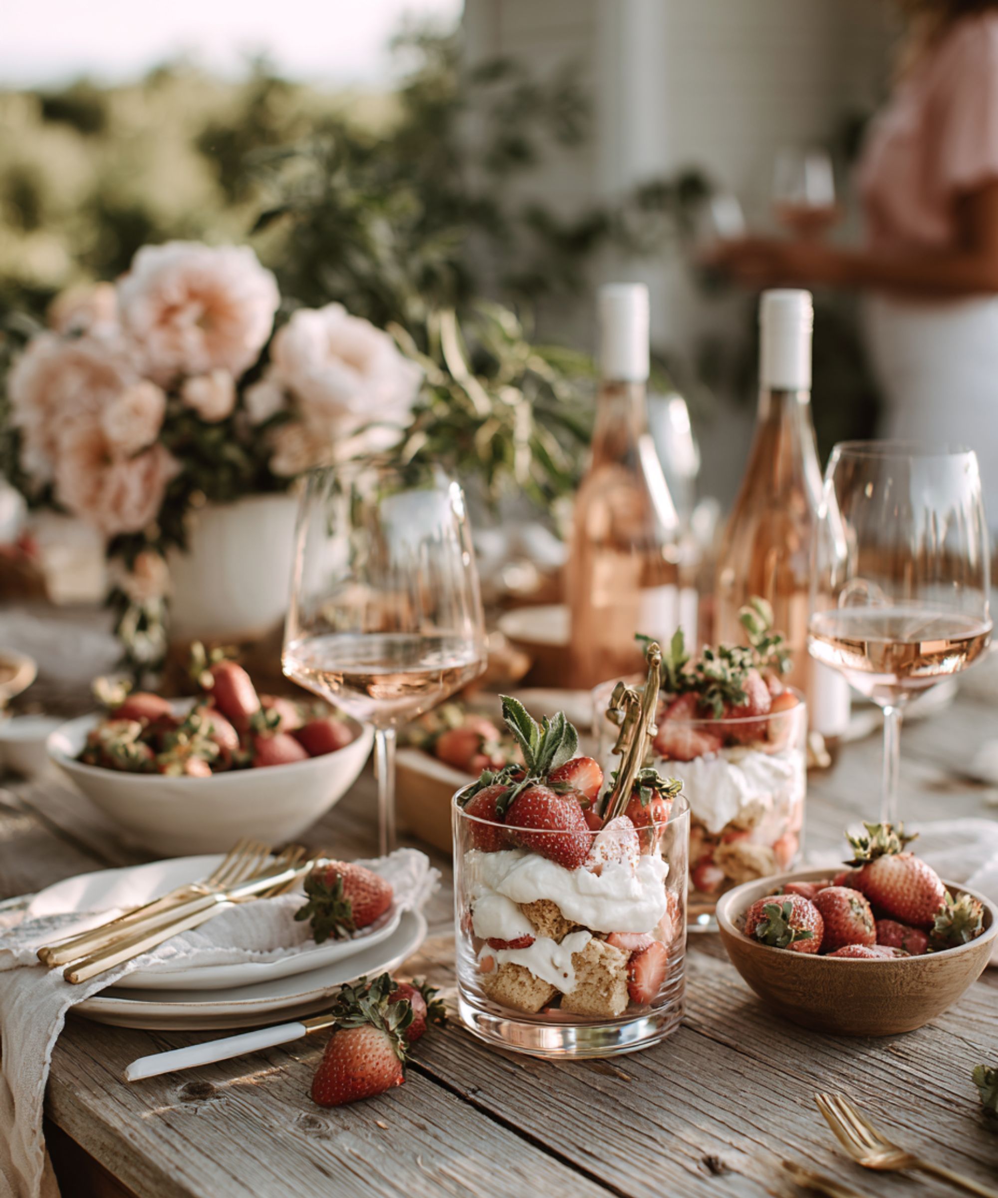 Rustic outdoor table with rose wine bottles, strawberry desserts and pink flowers