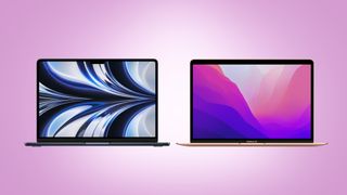 Apple MacBook Air M2 and Apple MacBook Air M1 on light pink background