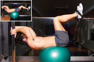 Man demonstrates two positions of the gym ball cable leg raise