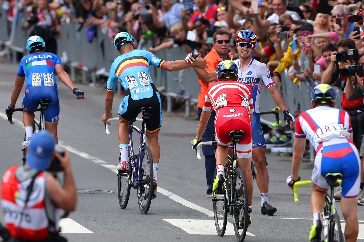 Peter Sagan high-fived riders as they finished including Tom Boonen
