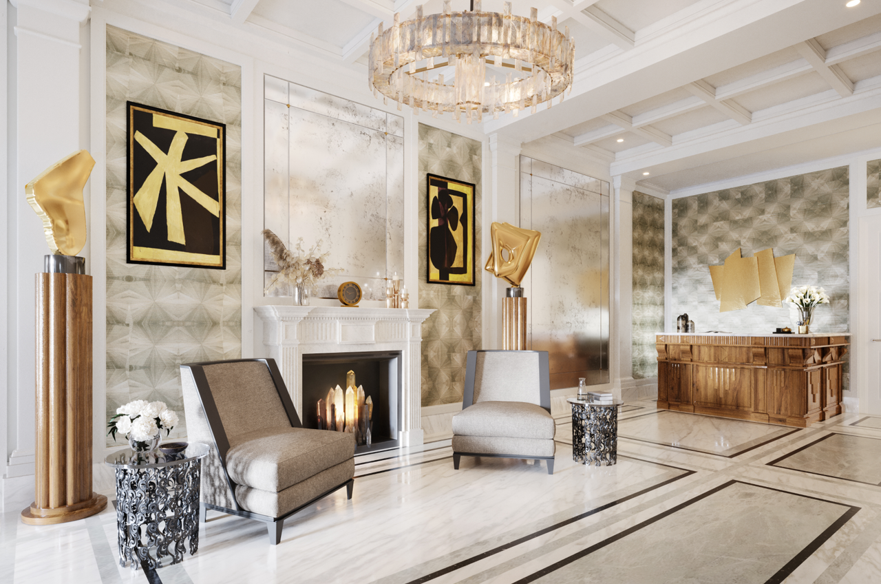 A series of eccentrically decorated rooms features organic shaded sculptures, modern furniture, and art with a sumptuous feel.