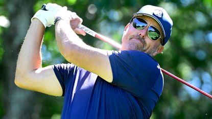 Phil Mickelson takes a tee shot during the 2022 LIV Golf Boston tournament