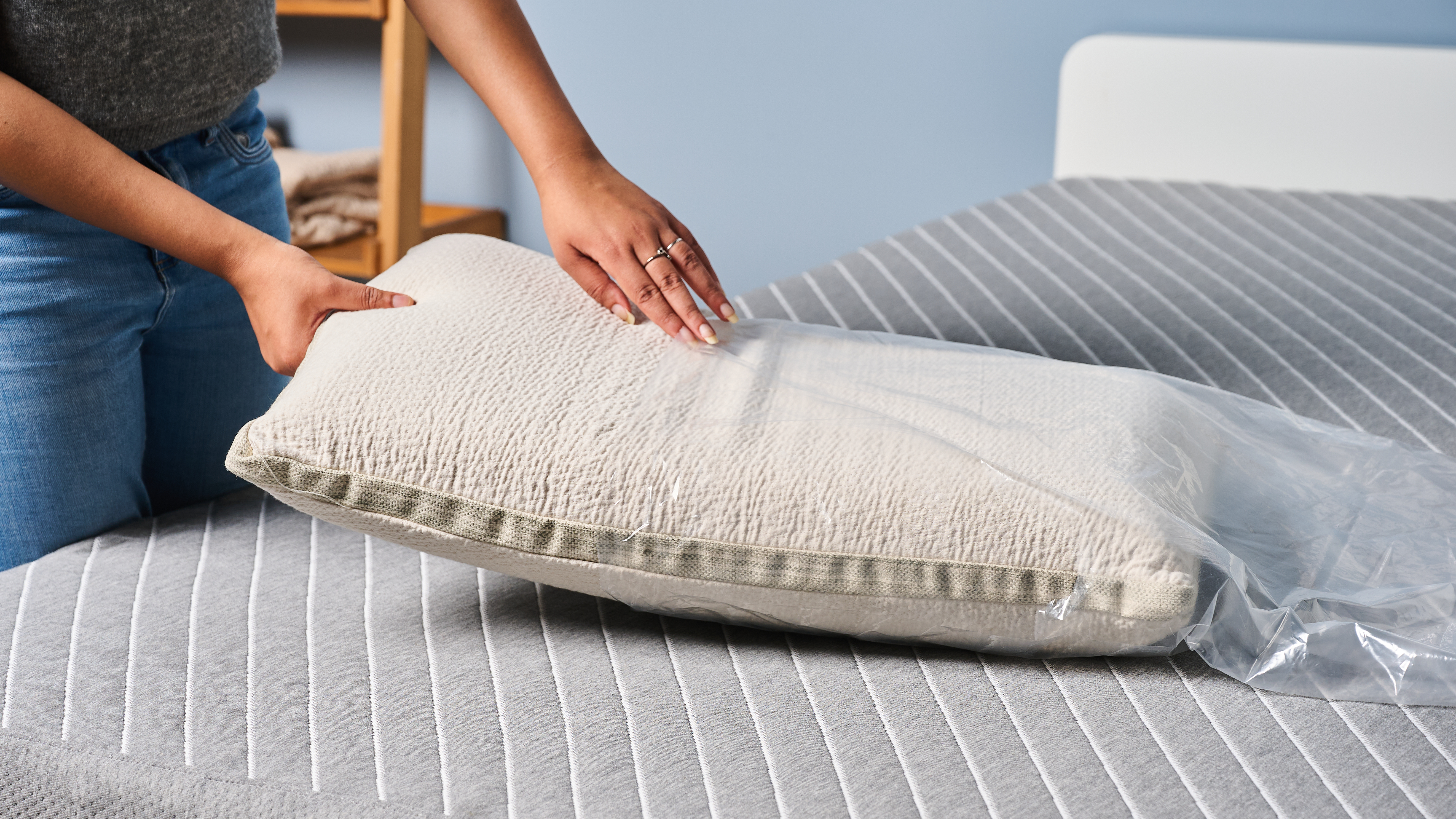 The Avocado Molded Latex Pillow taken out of the packaging in TG Sleep Studio