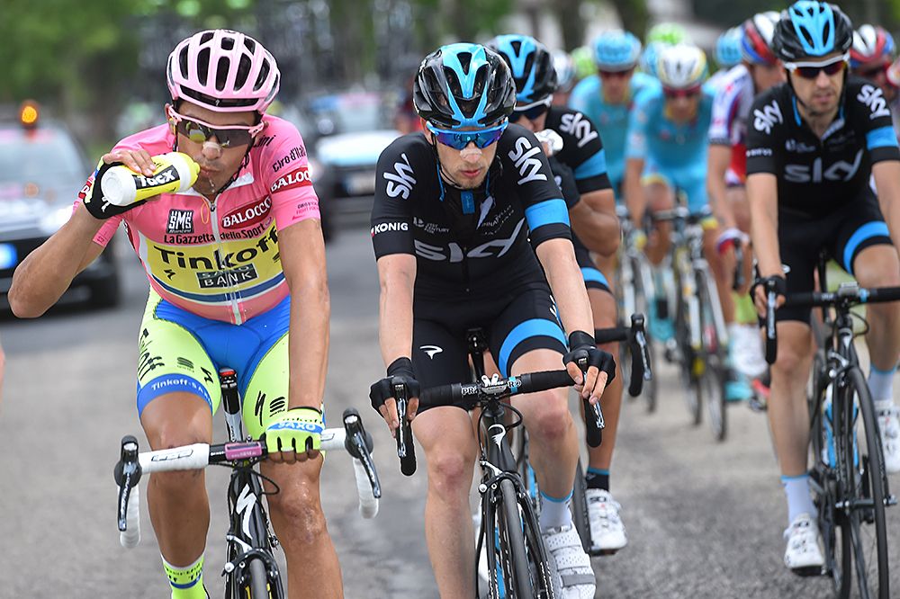 Alberto Contador takes a drink from his bidon