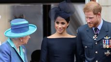 Queen Elizabeth II, Meghan, Duchess of Sussex, Prince Harry, Duke of Sussex watch the RAF flypast on the balcony of Buckingham Palace, as members of the Royal Family attend events to mark the centenary of the RAF on July 10, 2018 in London, England