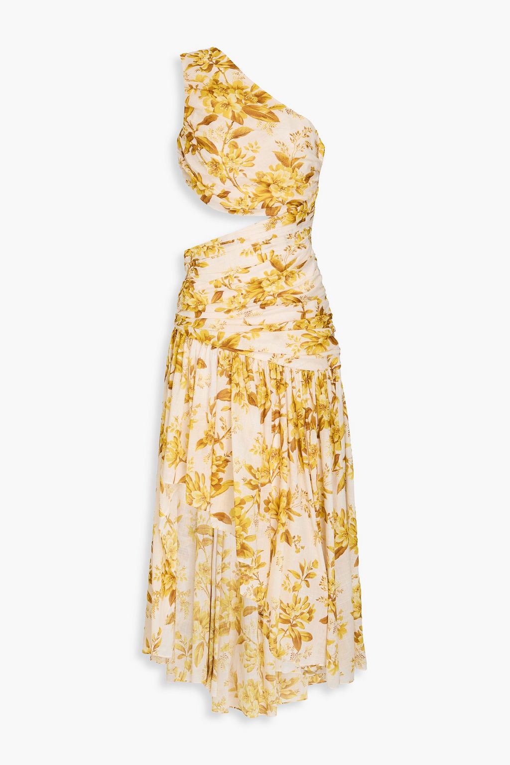 One-Shoulder Asymmetric Floral-Print Cotton Dress