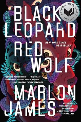 Black Leopard, Red Wolf book cover with two colorful faces of wolves